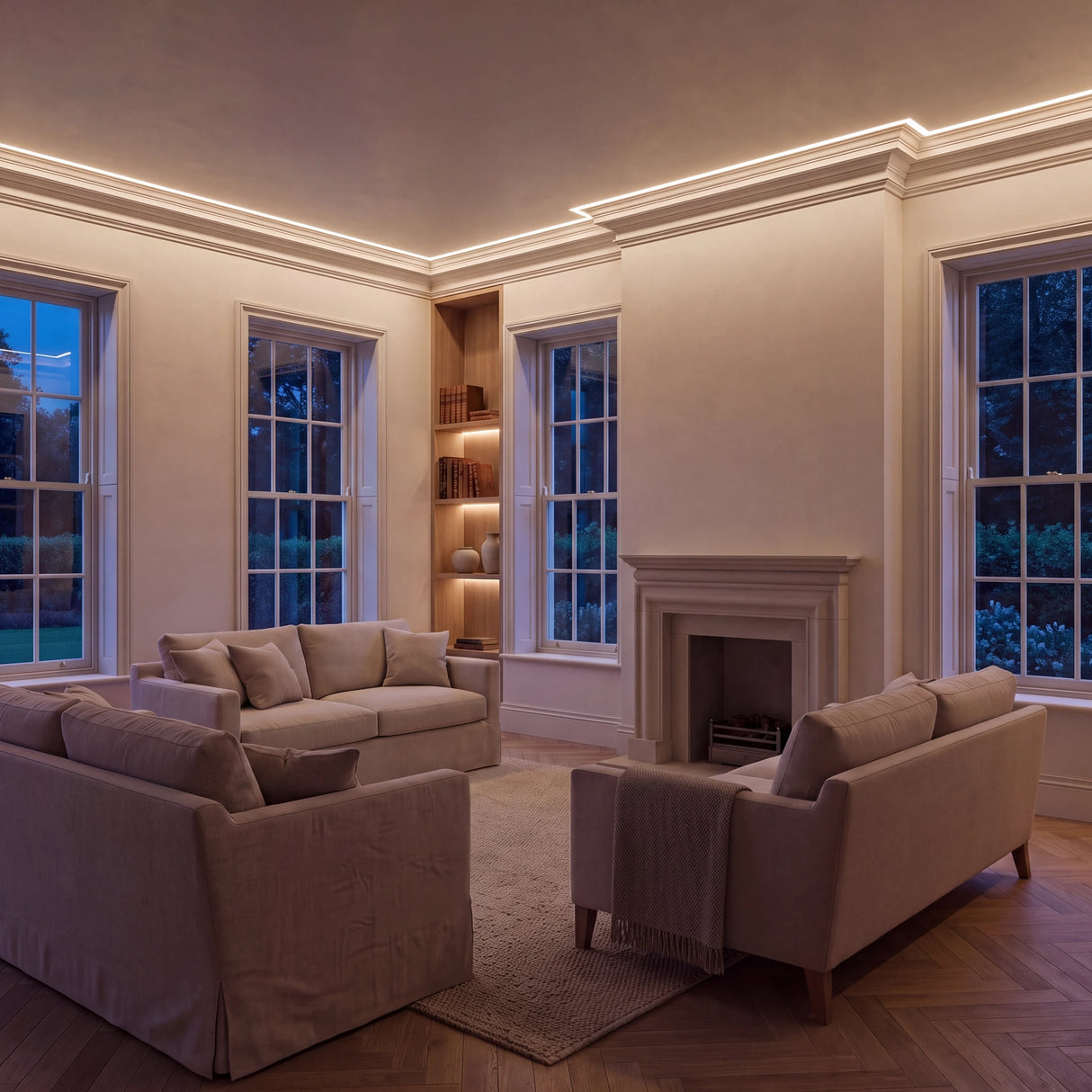 Warm White 3000K COB LED strip ceiling coving lighting in a large British living room in the evening; installation illustration.