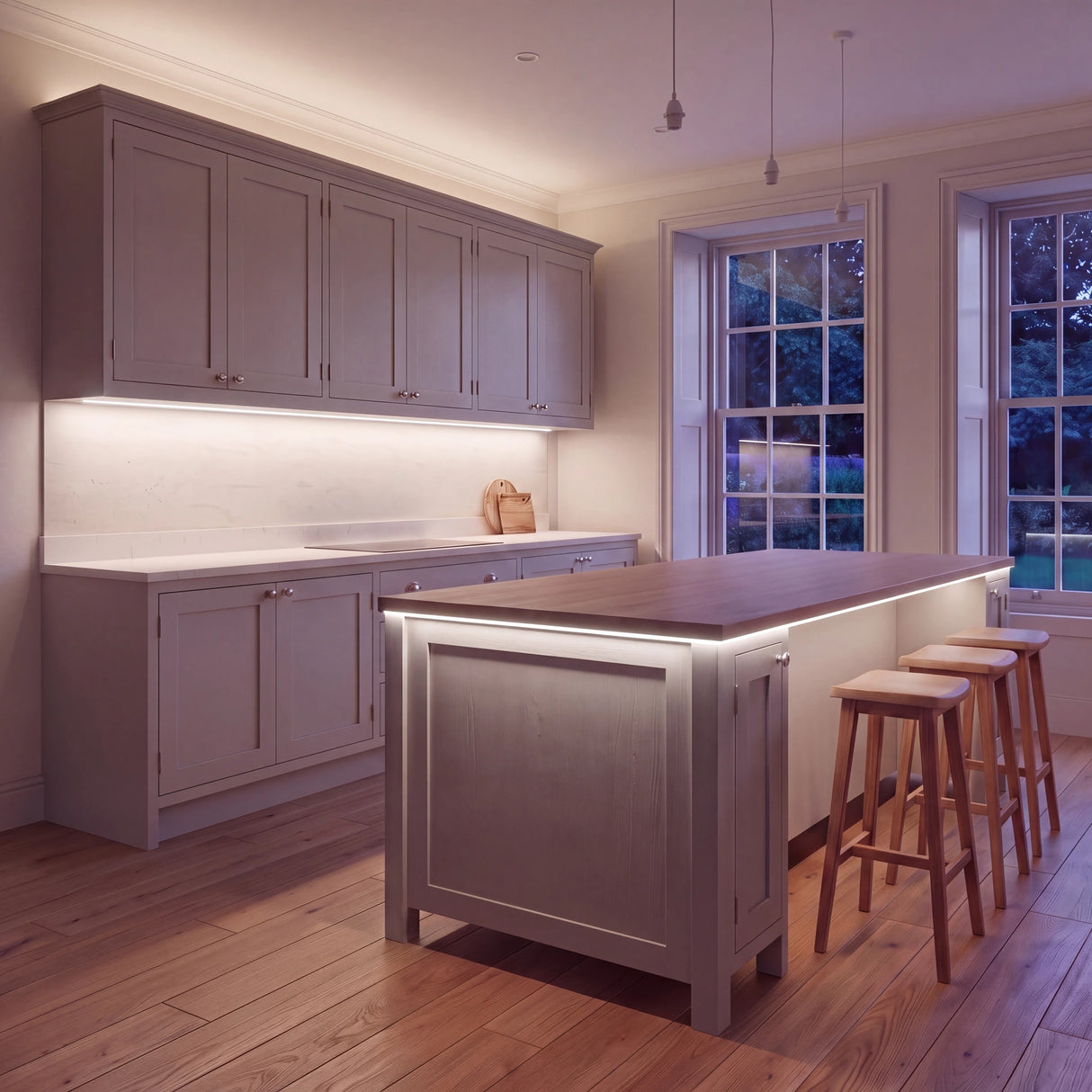 Natural White 4000K COB LED strip kitchen island lighting in a large British kitchen in the evening; installation illustration.