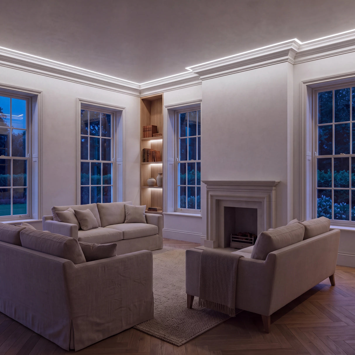 Daylight 5000K COB LED strip ceiling coving lighting in a large British living room in the evening; installation illustration.