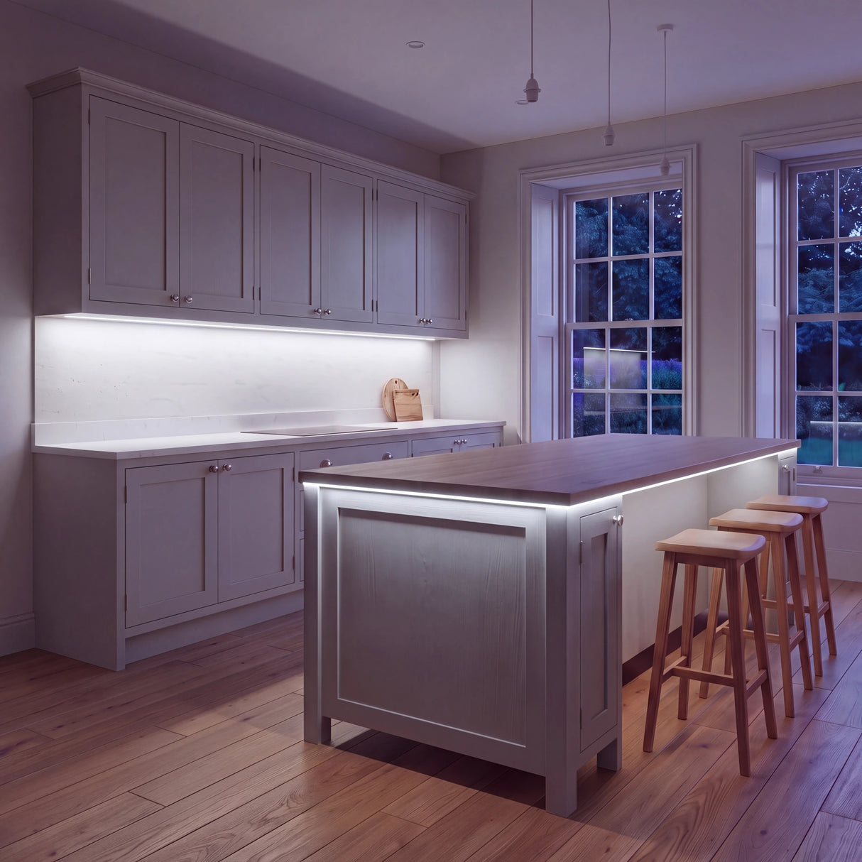 Daylight 5000K COB LED strip kitchen island lighting in a large British kitchen in the evening; installation illustration.