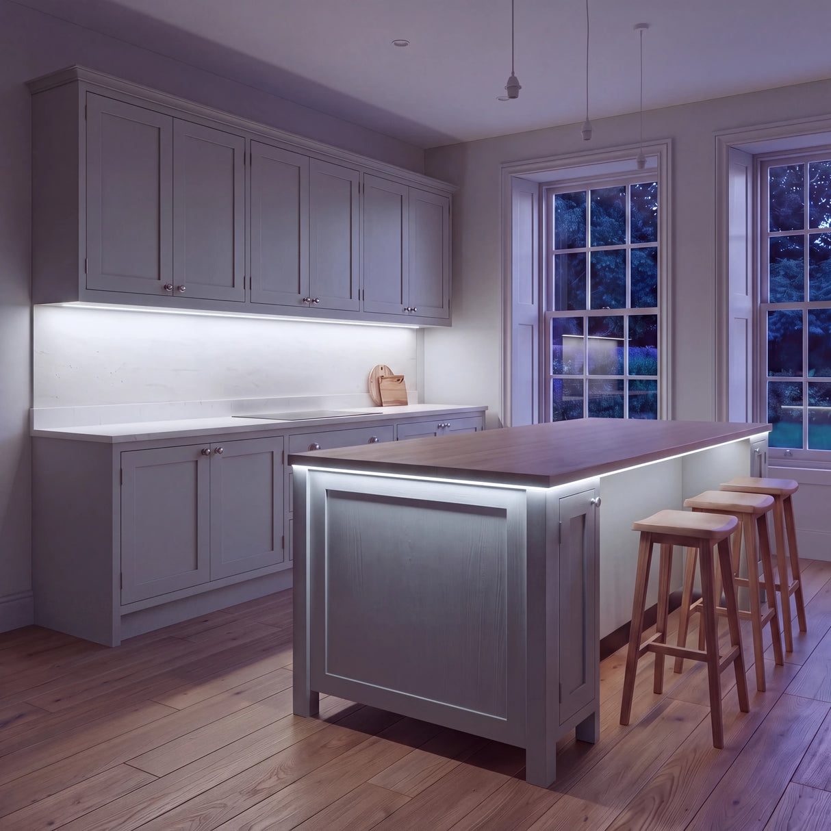 Cool White 6500K COB LED strip kitchen island lighting in a large British kitchen in the evening; installation illustration.