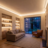 Warm White 2700K Free Cut COB LED strip ceiling coving lighting in a large British living room in the evening; installation illustration.