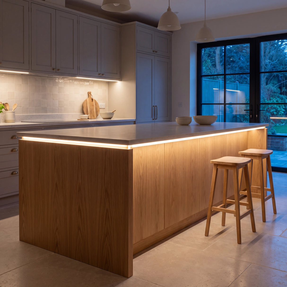 Warm White 2700K Free Cut COB LED strip kitchen island lighting in a large British kitchen in the evening; installation illustration.