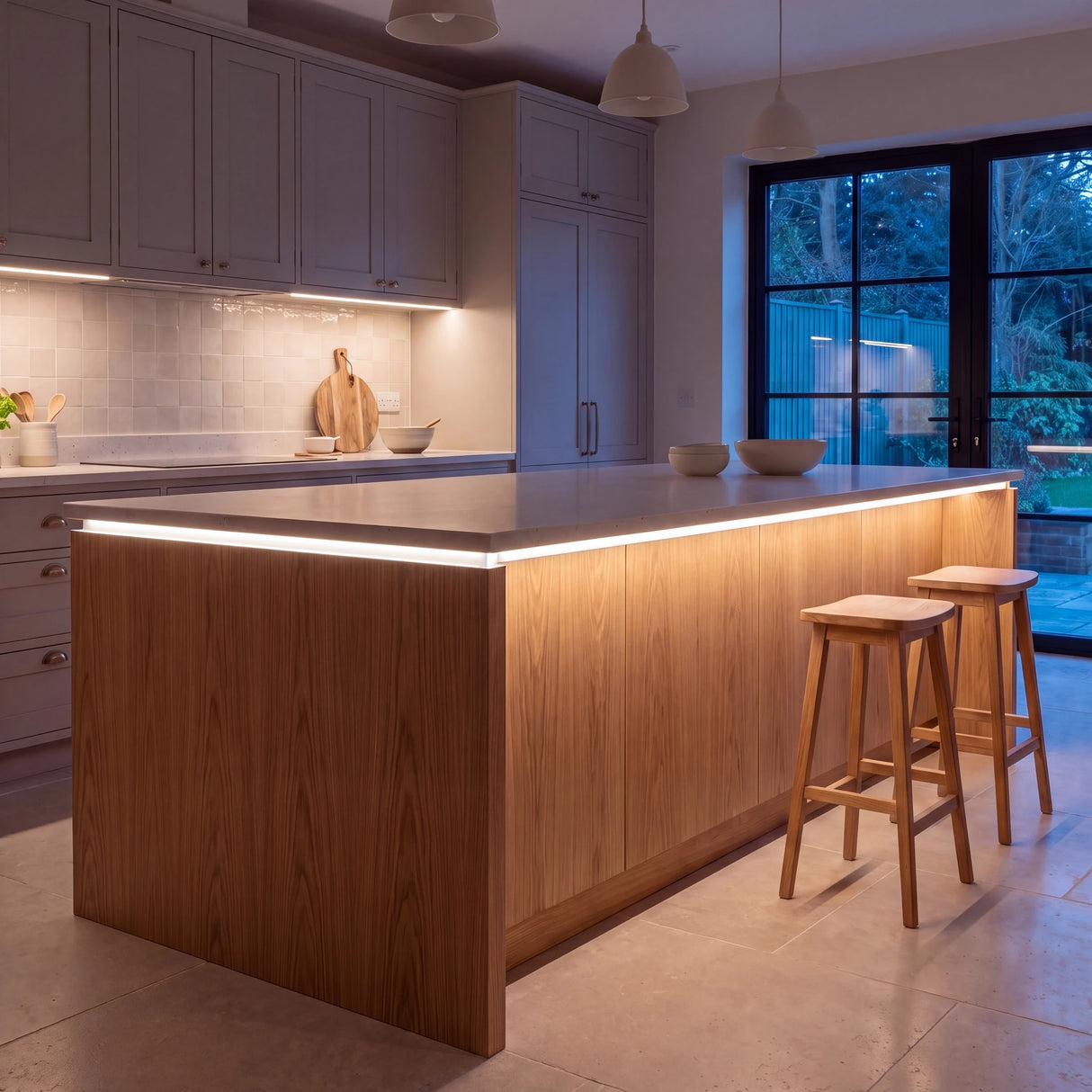 Natural White 4000K Free Cut COB LED strip kitchen island lighting in a large British kitchen in the evening; installation illustration.