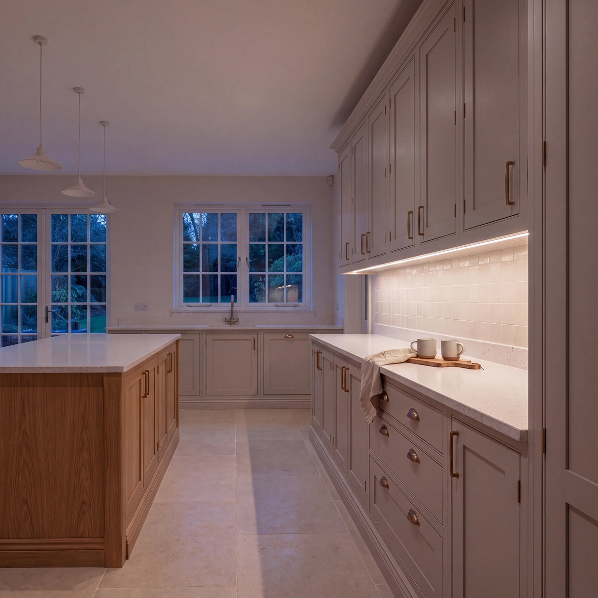 Natural White 4000K Free Cut COB LED strip lighting beneath wall cabinets in a large British kitchen in the evening; installation illustration.