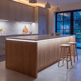 Cool White 6500K Free Cut COB LED strip kitchen island lighting in a large British kitchen in the evening; installation illustration.