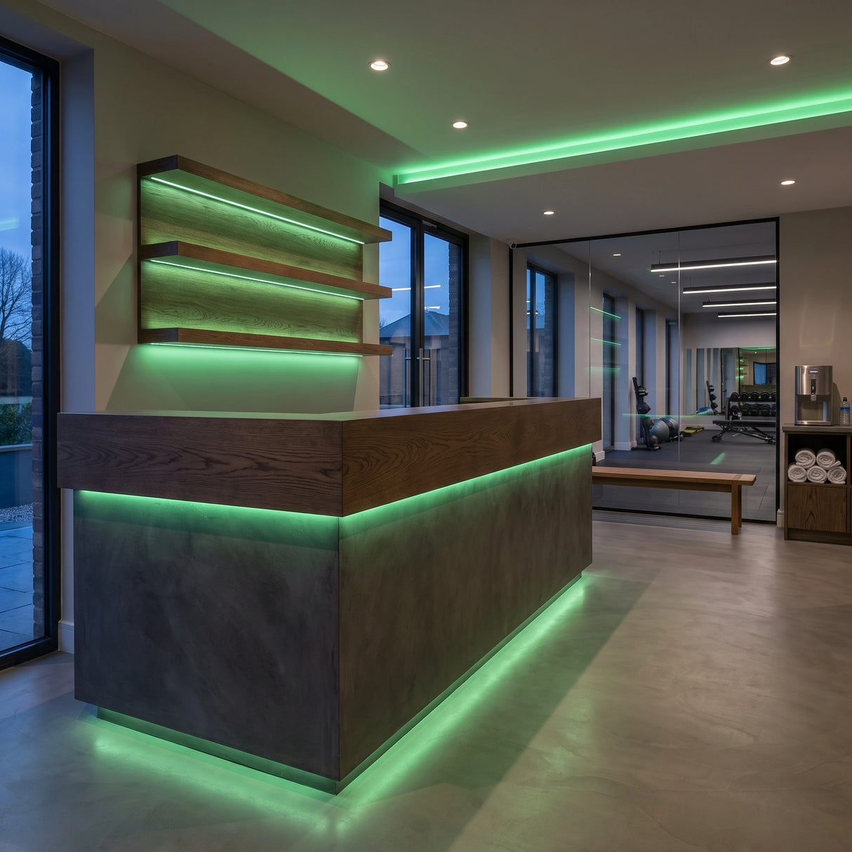 Green 24V 10mm SCOB LED strip installed beneath a gym reception desk and in ceiling coving; installation visual.