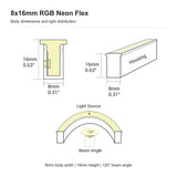 8x16mm RGB neon flex cross-section, housing dimensions and 120 degree beam angle