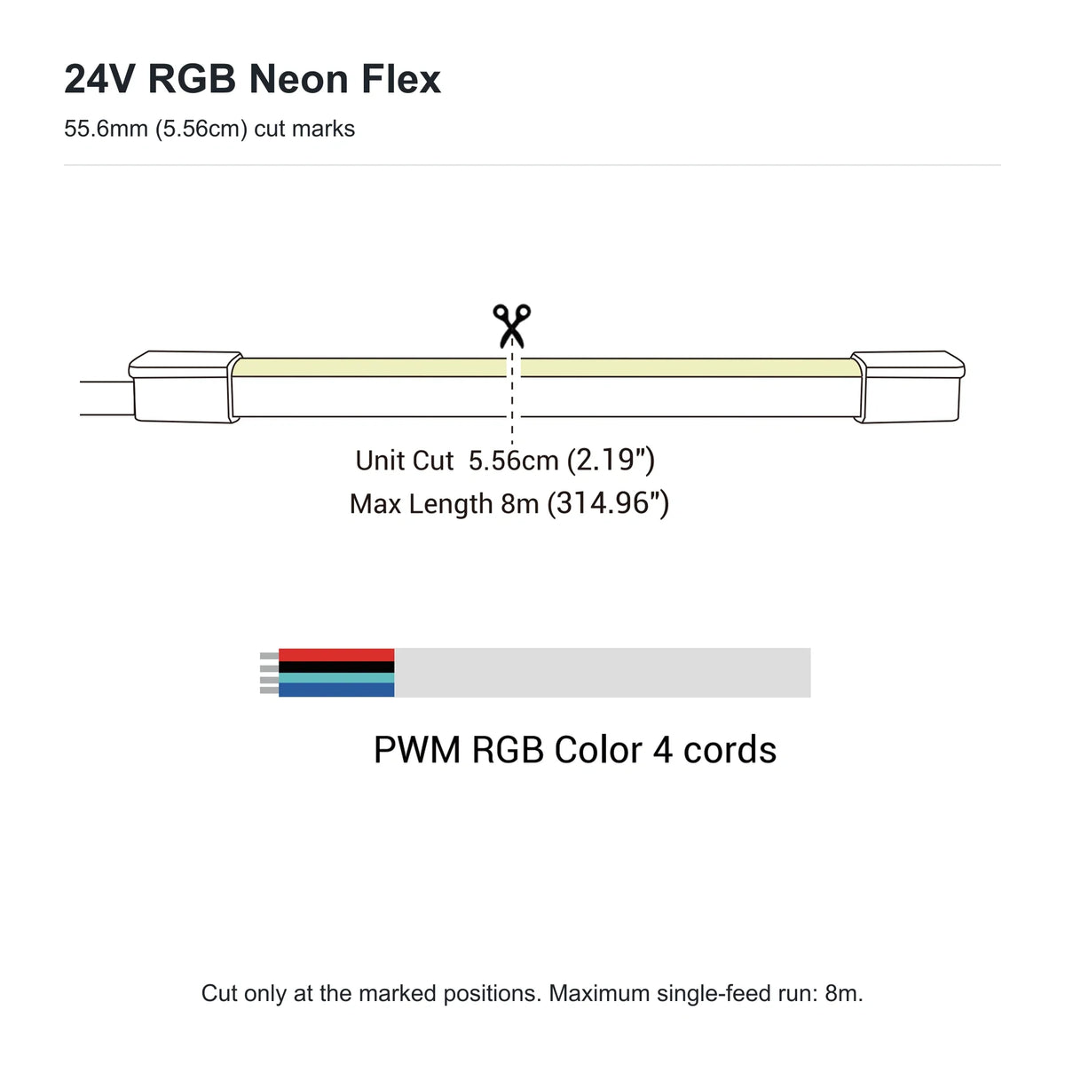 24V RGB neon flex cutting diagram: 55.6mm (5.56cm) cut intervals, 8m maximum single-feed run and four-core PWM RGB connection