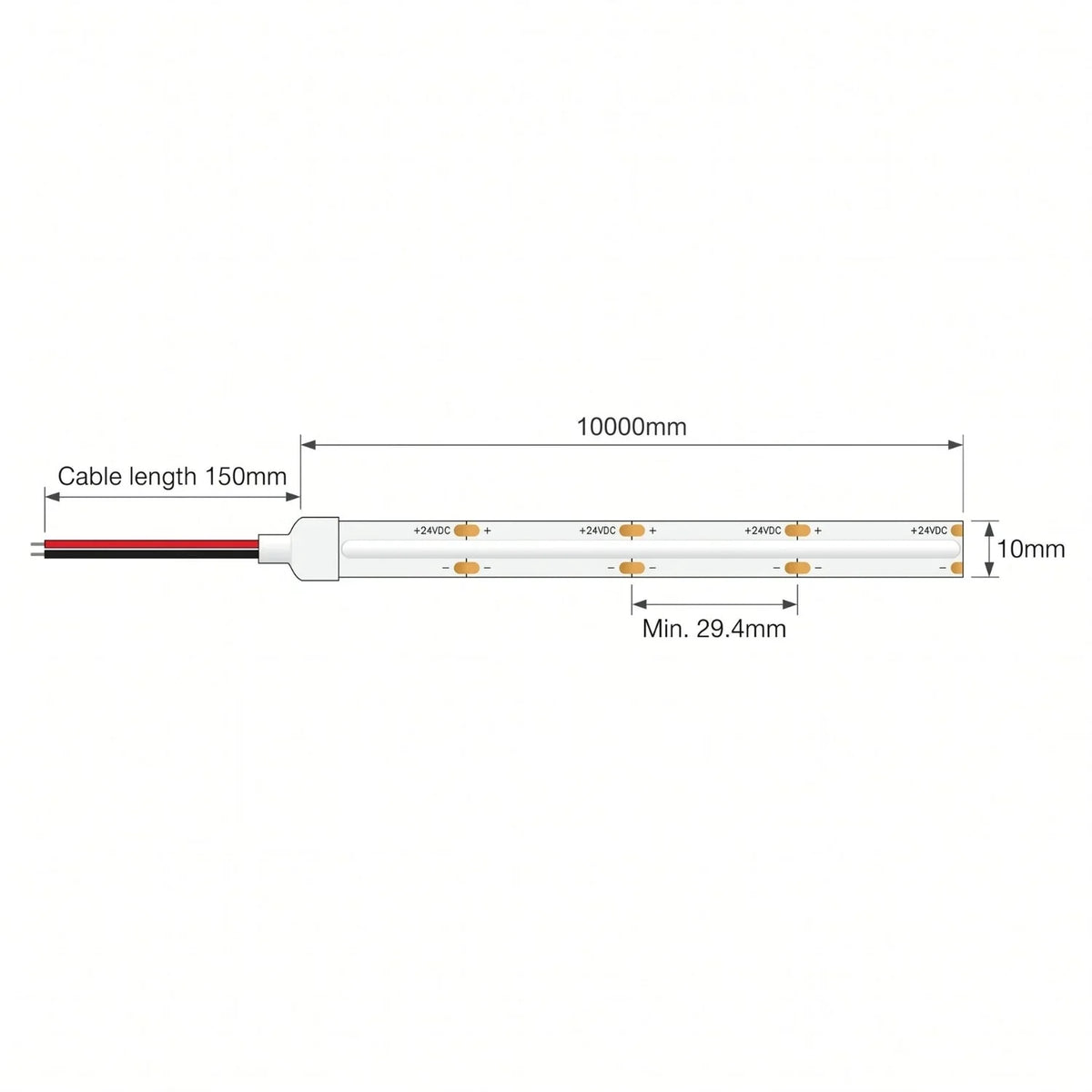 SCOB LED strip dimensions showing 10mm width, 29.4mm cut points, 10m length and 150mm two-wire lead.