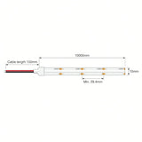 SCOB LED strip dimensions showing 10mm width, 29.4mm cut points, 10m length and 150mm two-wire lead.