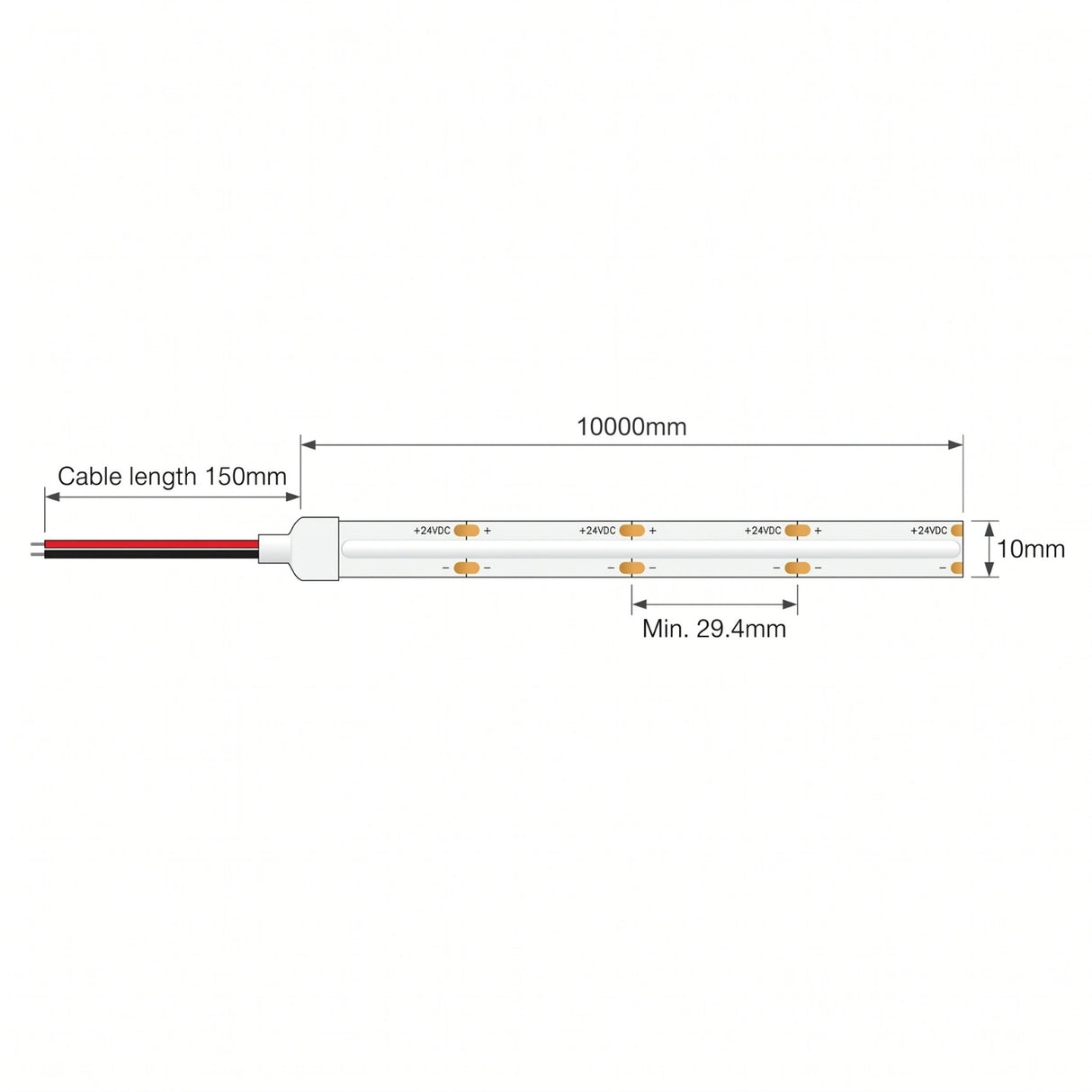 SCOB LED strip dimensions: 10mm width, 29.4mm cut points, 10m roll and 150mm lead