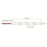 SCOB LED strip dimensions: 10mm width, 29.4mm cut points, 10m roll and 150mm lead