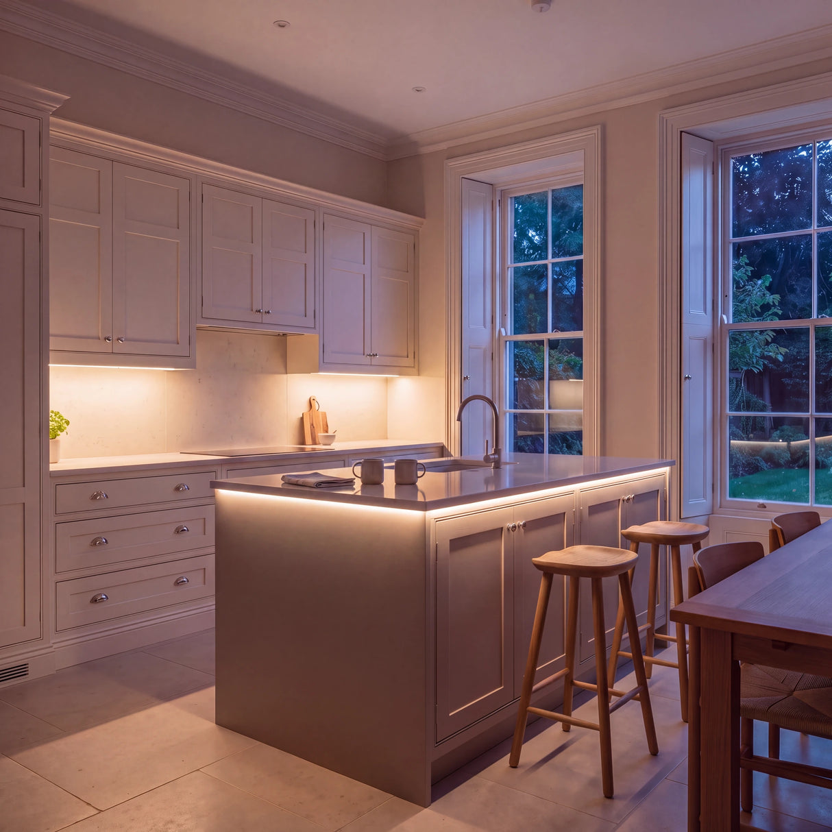 Warm White 2700K SCOB LED strip kitchen island lighting in a large British kitchen in the evening; installation illustration.