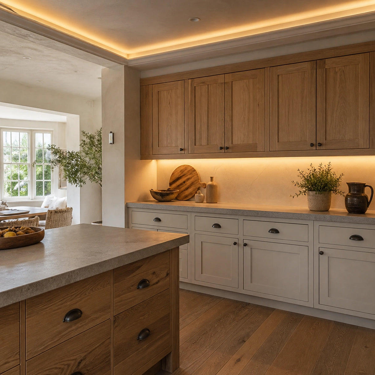 Illustrative oak kitchen with 2700K warm-white SCOB LED lighting in ceiling coving and above a dry worktop