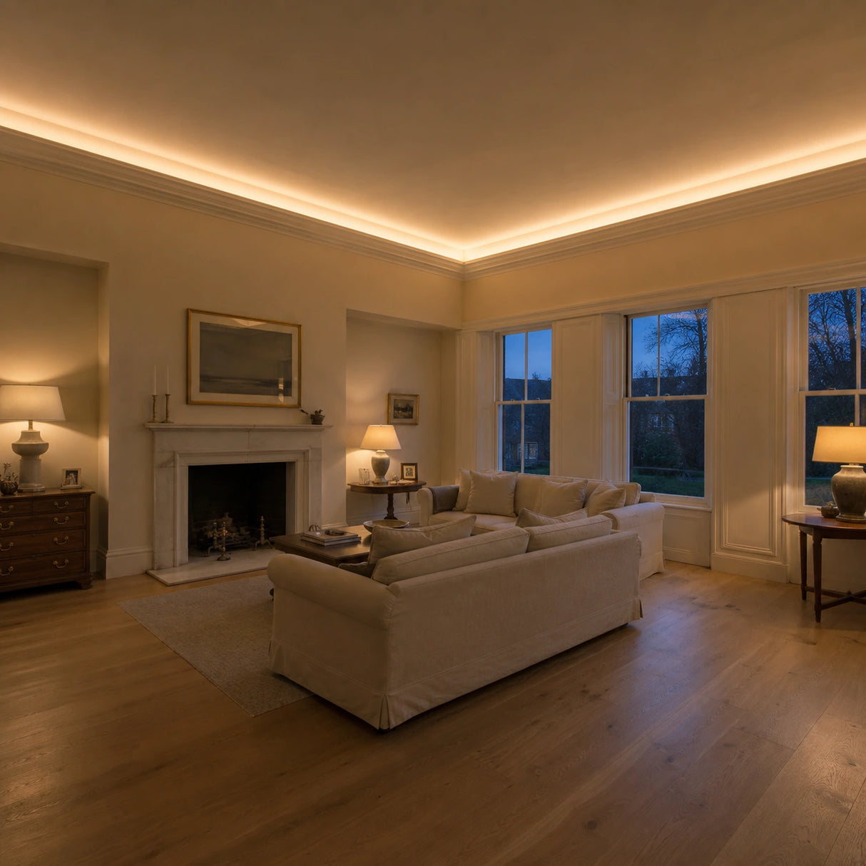 Illustrative large-house living room with 2700K warm-white SCOB LED strip concealed in ceiling coving