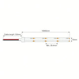 SCOB LED strip dimensions showing 10mm width, 29.4mm cut points, 10m length and 150mm two-wire lead.