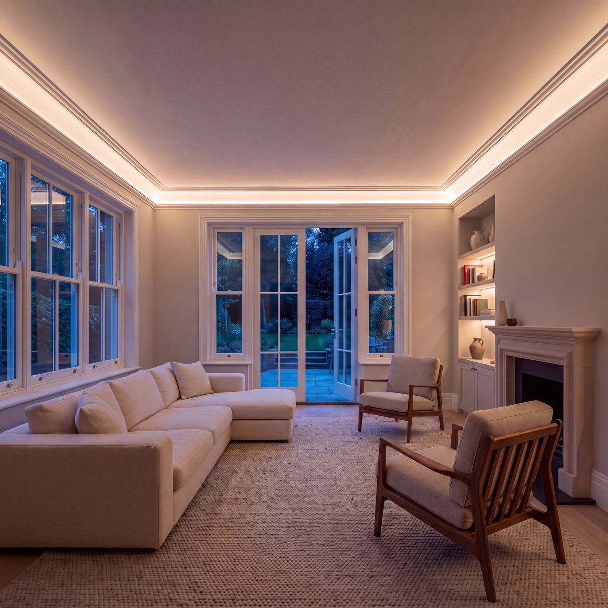 Warm White 3000K SCOB LED strip ceiling coving lighting in a large British living room in the evening; installation illustration.