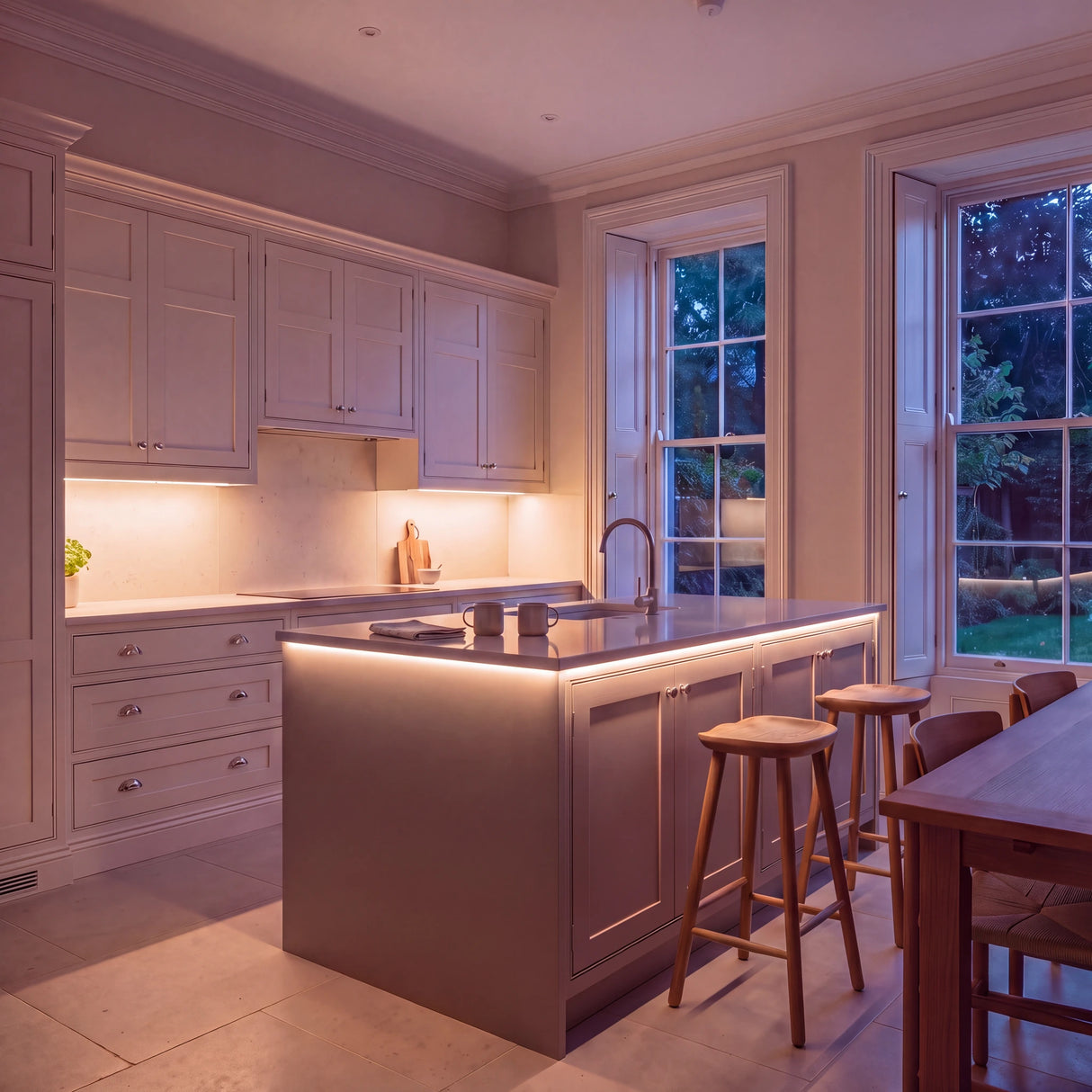 Warm White 3000K SCOB LED strip kitchen island lighting in a large British kitchen in the evening; installation illustration.