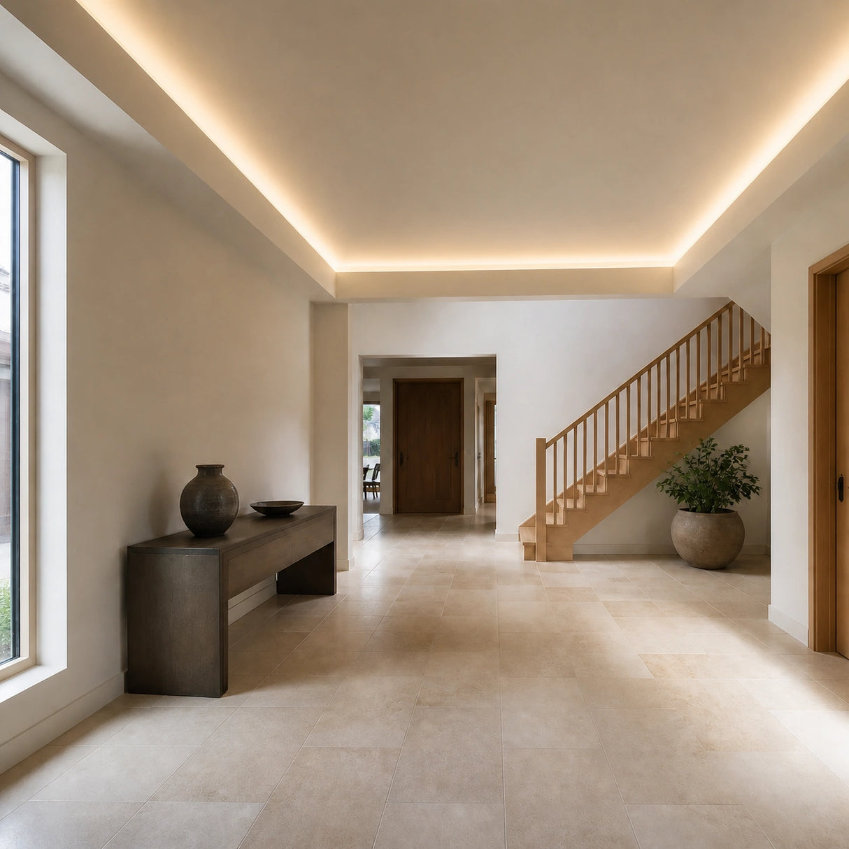 Illustrative reception hall with 3000K warm-white SCOB LED strip concealed in perimeter ceiling coving