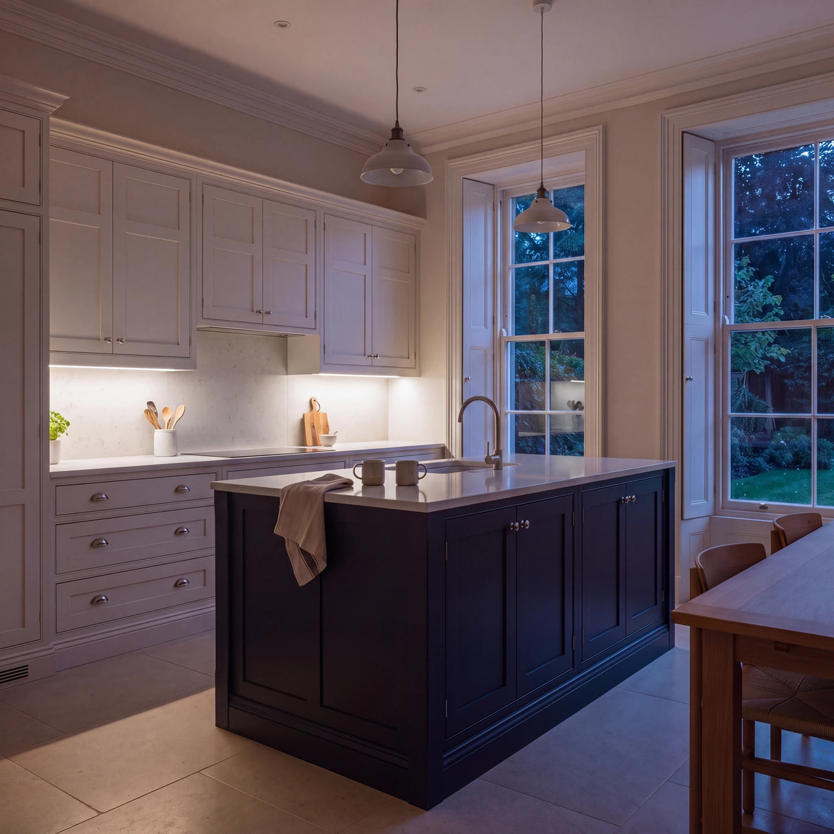 Natural White 4000K SCOB LED strip lighting beneath wall cabinets in a large British kitchen in the evening; installation illustration.