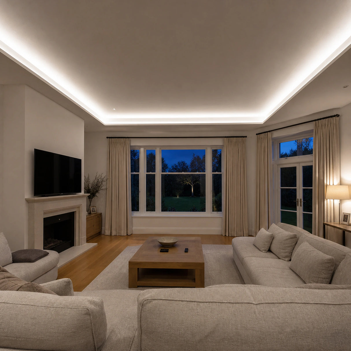 Illustrative spacious living room with neutral-white 4000K SCOB LED coving lighting, linen seating and an oak floor.
