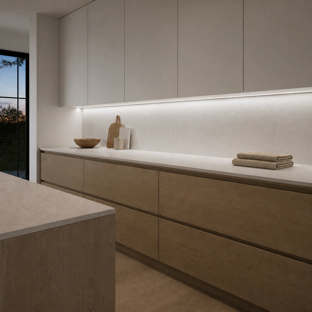 Illustrative oak-and-stone kitchen with neutral-white 4000K SCOB LED lighting beneath wall cabinets over a dry preparation counter.