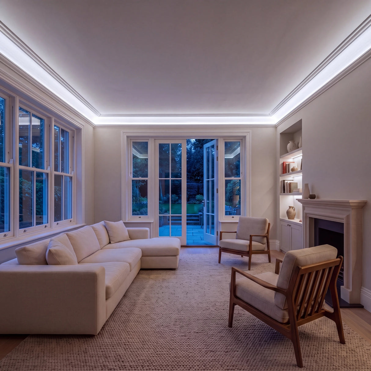 Daylight 5000K SCOB LED strip ceiling coving lighting in a large British living room in the evening; installation illustration.