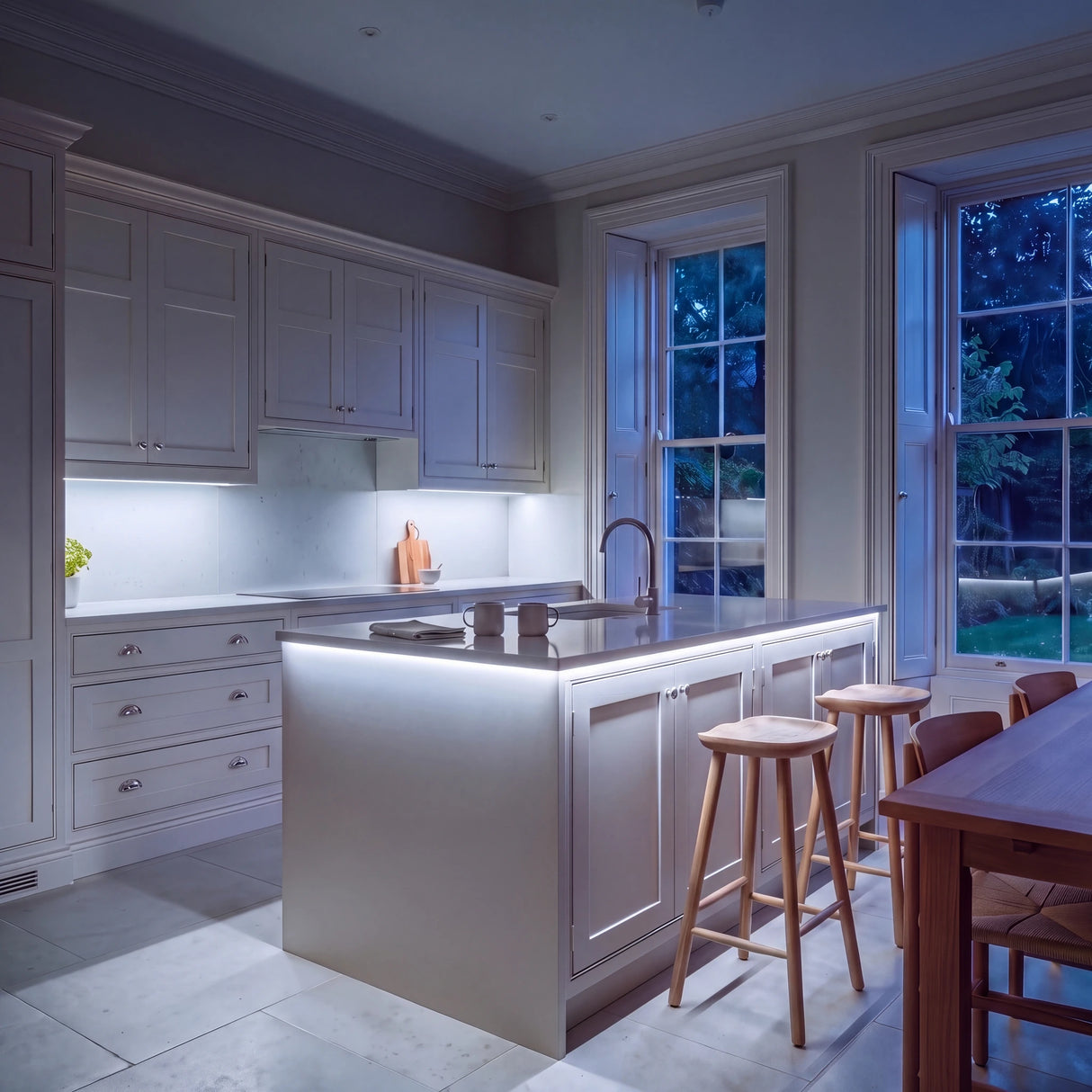 Cool White 6500K SCOB LED strip kitchen island lighting in a large British kitchen in the evening; installation illustration.