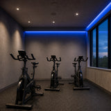 Illustrative indoor cycling gym with blue SCOB LED ceiling and wall-recess lighting above stationary exercise bikes