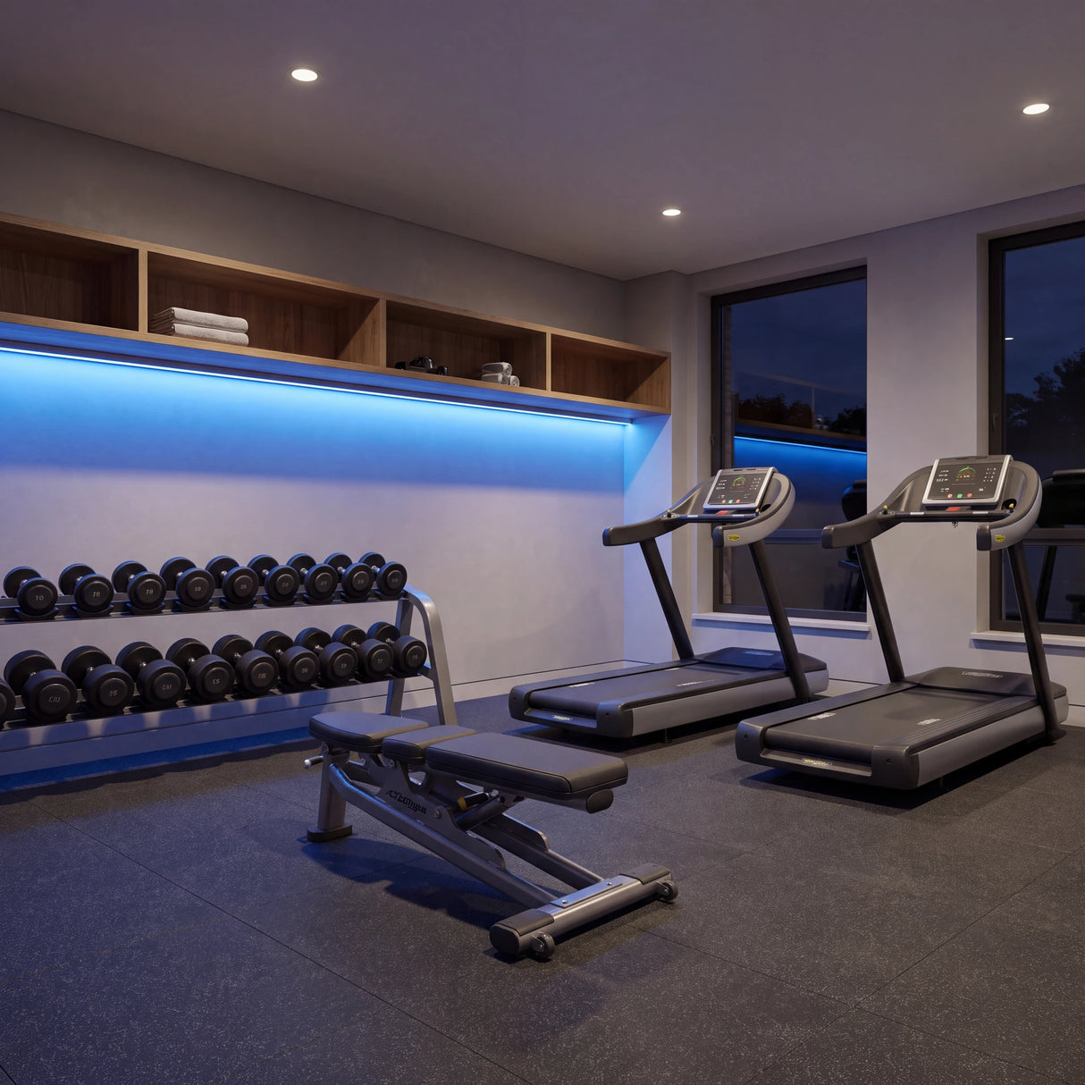Blue SCOB LED strip lighting beneath oak storage in an evening gym with treadmills and a dumbbell rack; installation illustration.