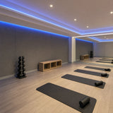 Illustrative mobility and exercise studio with blue SCOB LED ceiling and wall-recess lighting, mats, foam rollers and dumbbells