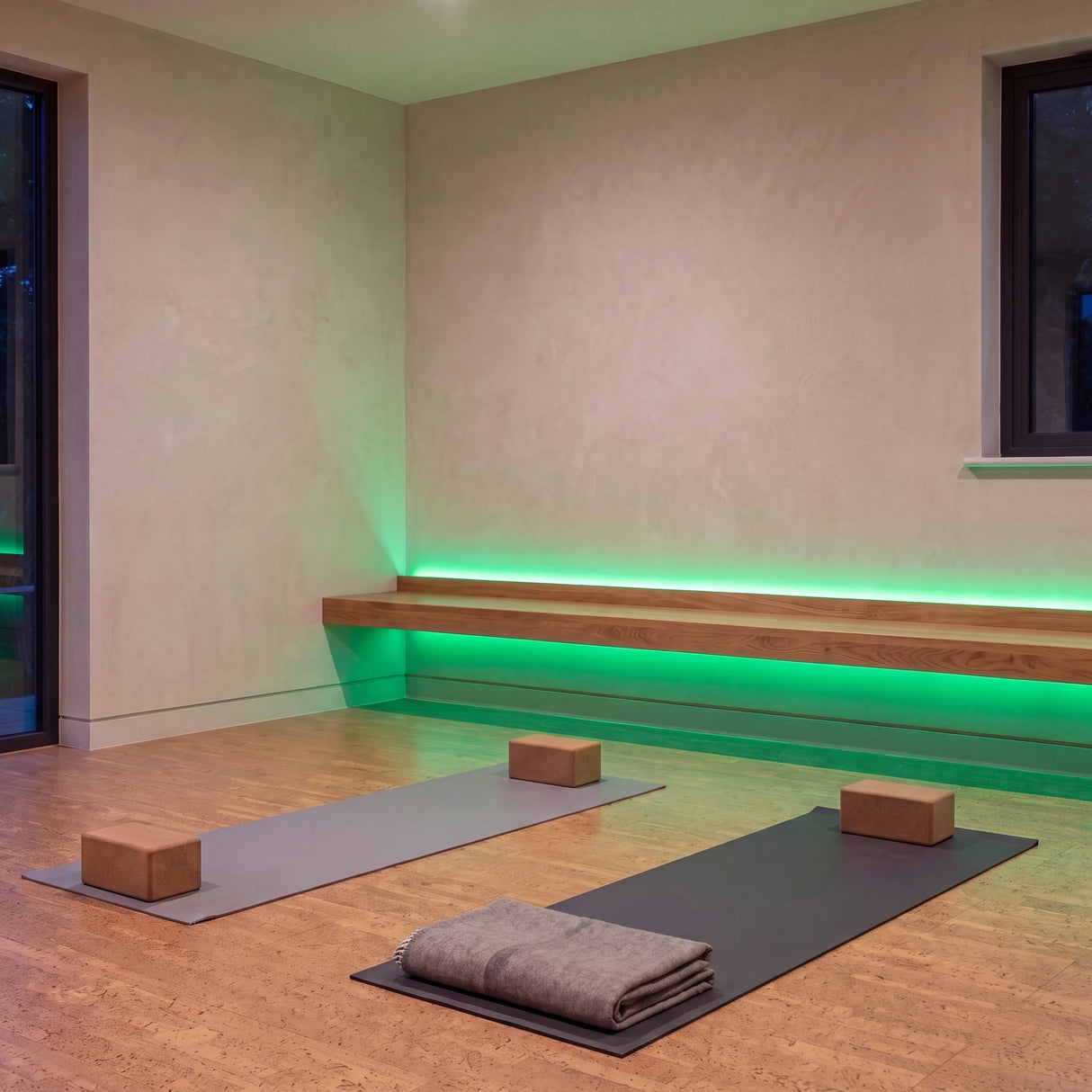 Green SCOB LED strip lighting beneath an oak bench in a yoga studio with exercise mats and blocks; installation illustration.