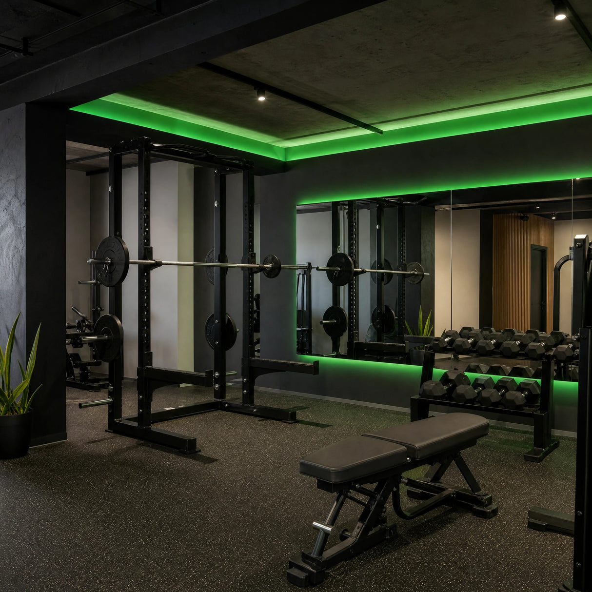 Illustrative strength gym with green SCOB LED ceiling accents and mirror lighting above weights and exercise benches
