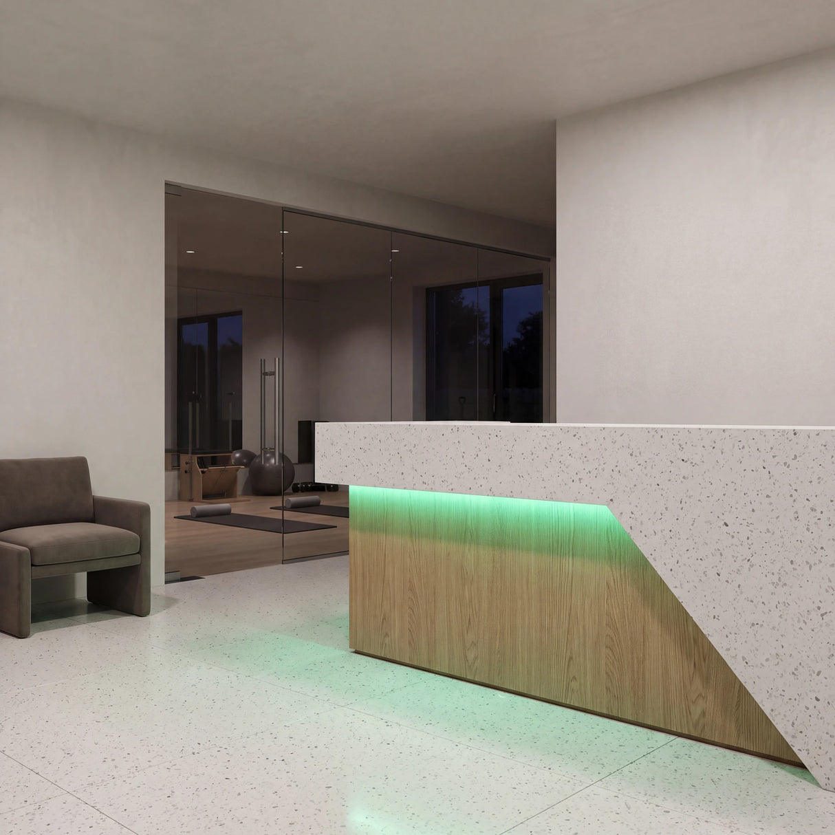 Green SCOB LED strip lighting beneath a pale stone and oak gym reception counter beside glass exercise rooms; installation illustration.