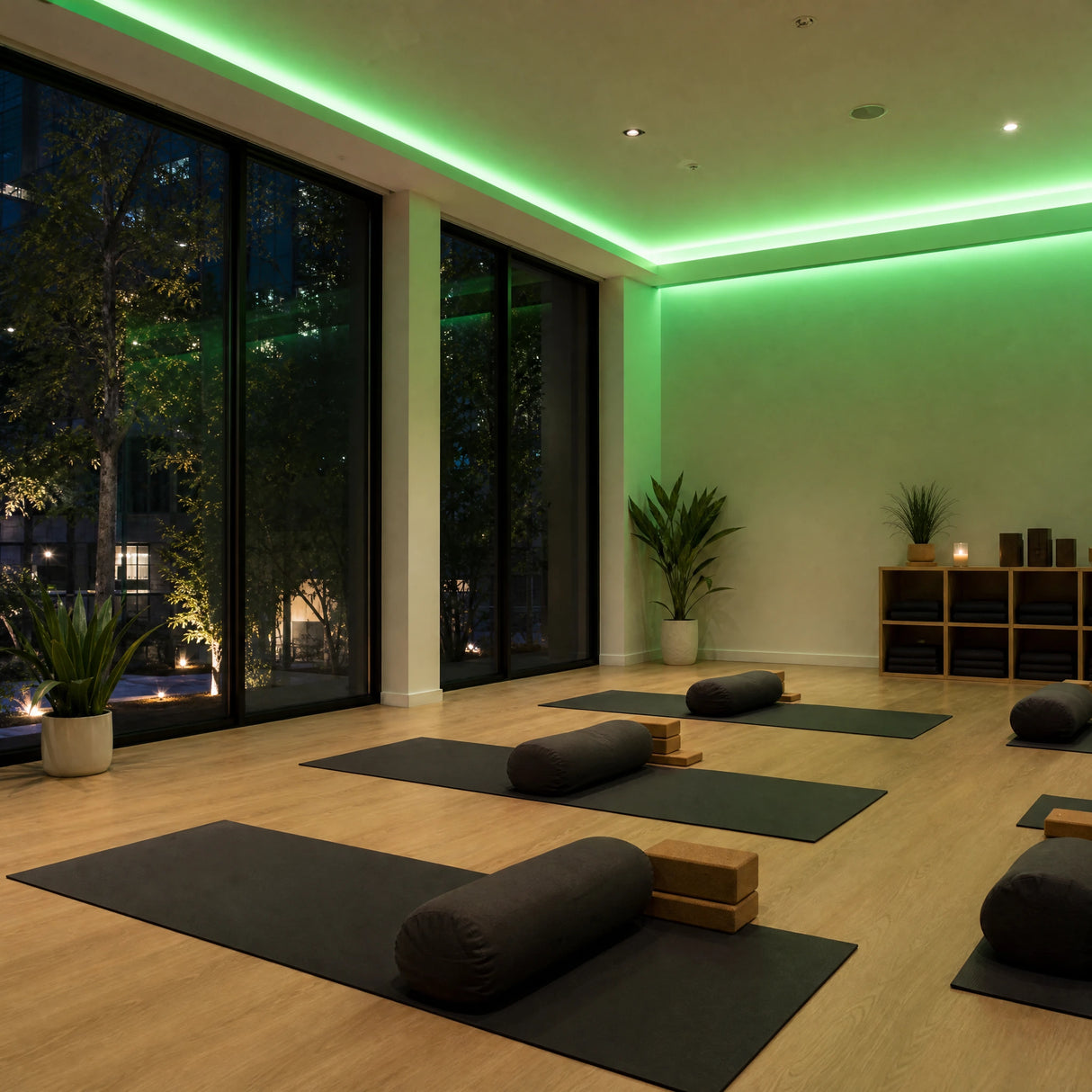 Illustrative yoga and stretching studio with green SCOB LED coving lighting, mats, bolsters and cork blocks