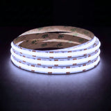 Cool white 6500K SCOB LED strip coil illuminated on a dark background, 24V DC and 10mm wide, with copper connection pads