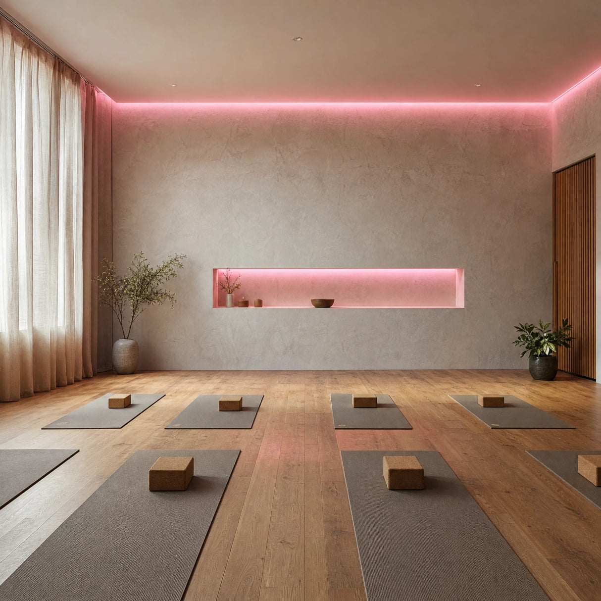 Illustrative yoga room with pink SCOB LED coving and shelf lighting above yoga mats and cork blocks