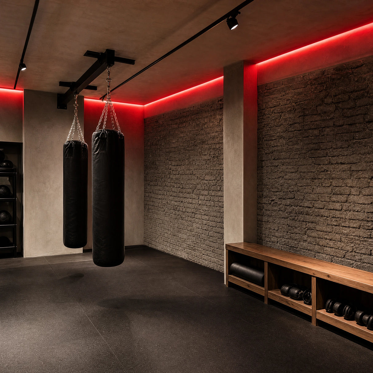 Illustrative boxing studio with red SCOB LED high-wall and ceiling-cove lighting above punching bags and a rubber training floor