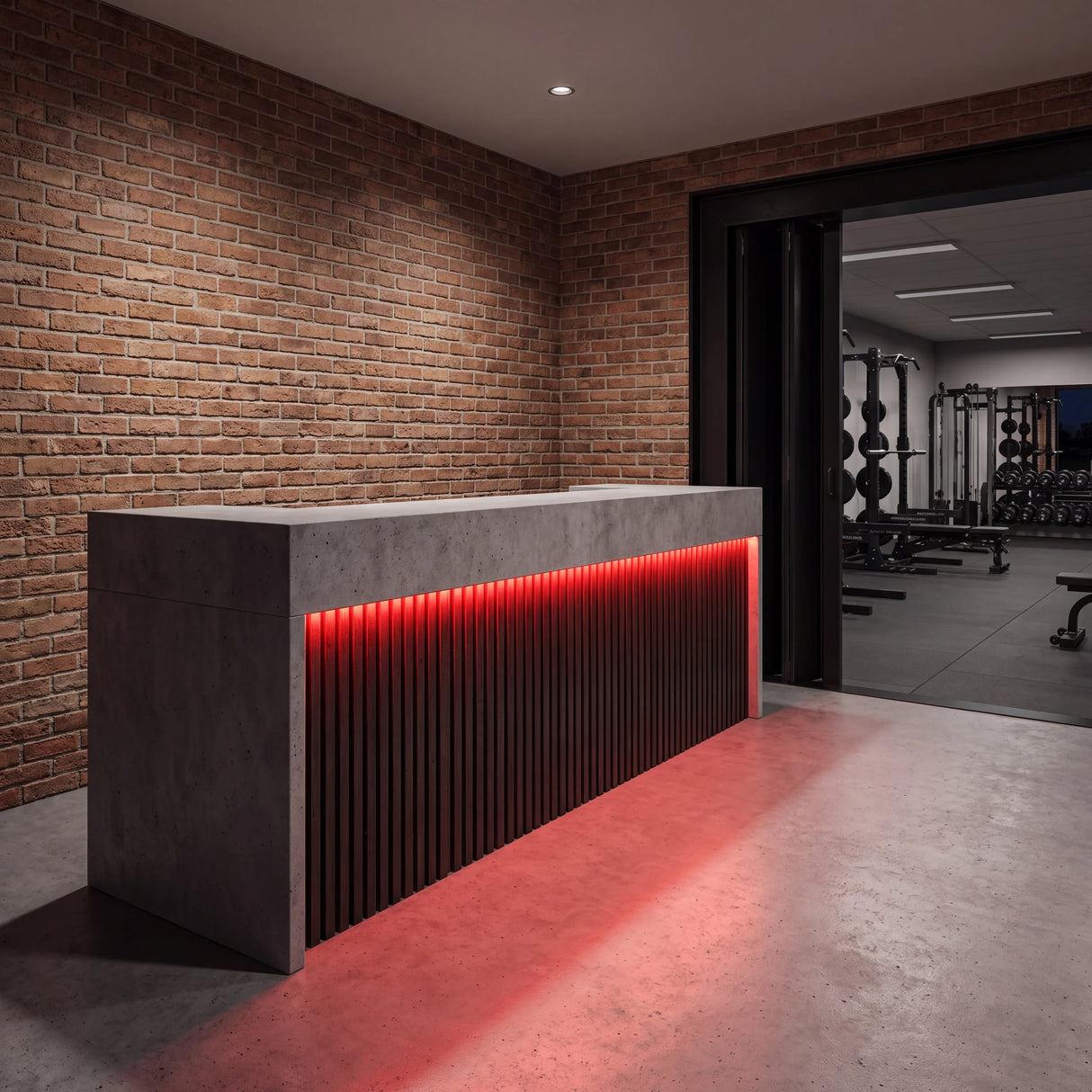 Red SCOB LED strip lighting beneath a concrete and timber gym reception counter, with a training room beyond; installation illustration.