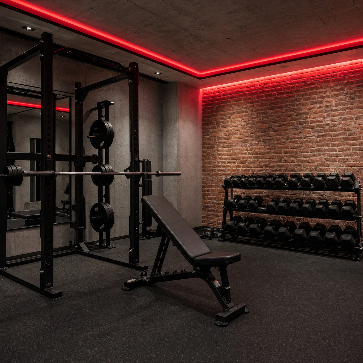Illustrative weights gym with red SCOB LED ceiling and feature-wall accents around squat racks and a training bench