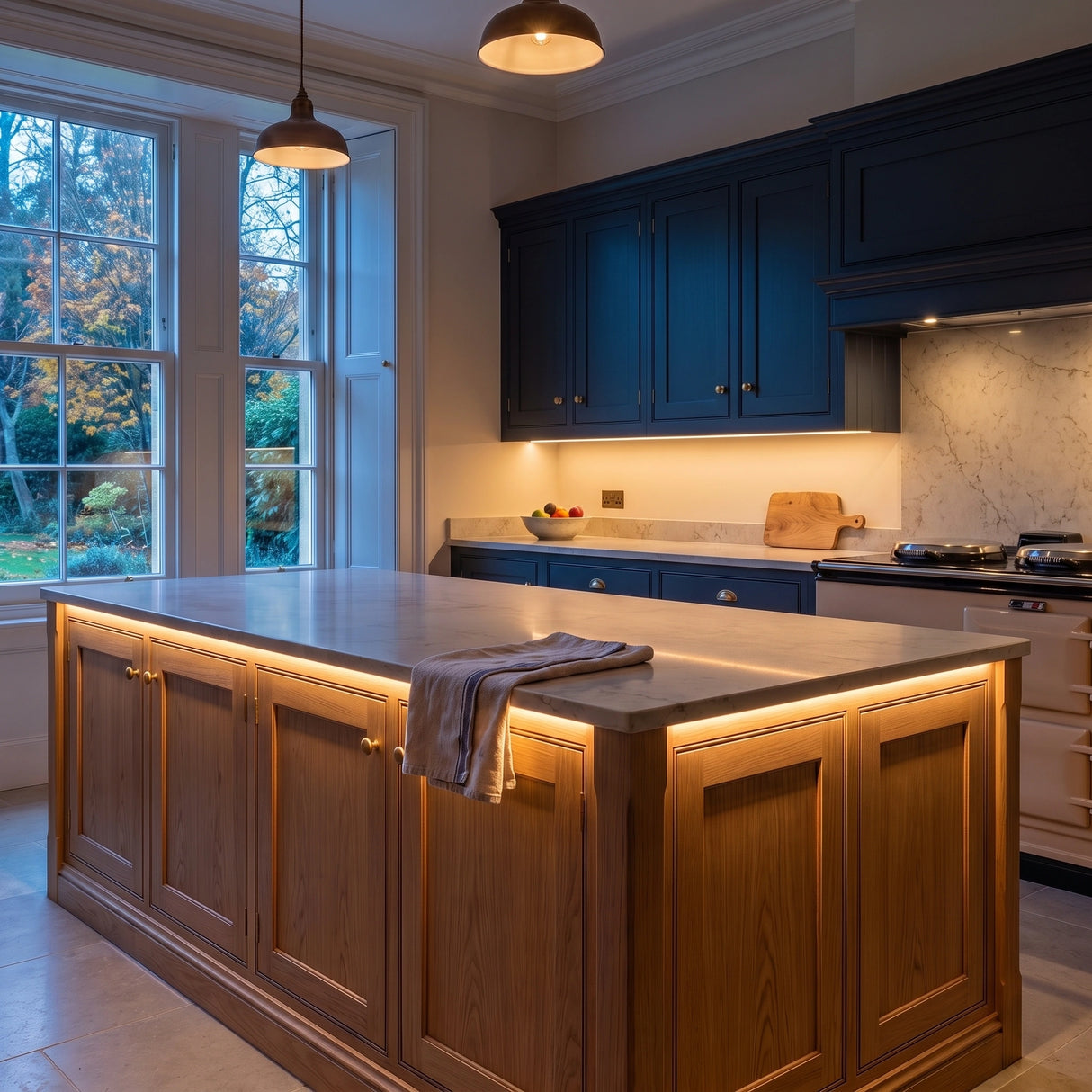 Warm White 2700K 24V 10mm COB LED strip installed beneath cabinets and around a British kitchen island; installation visual.
