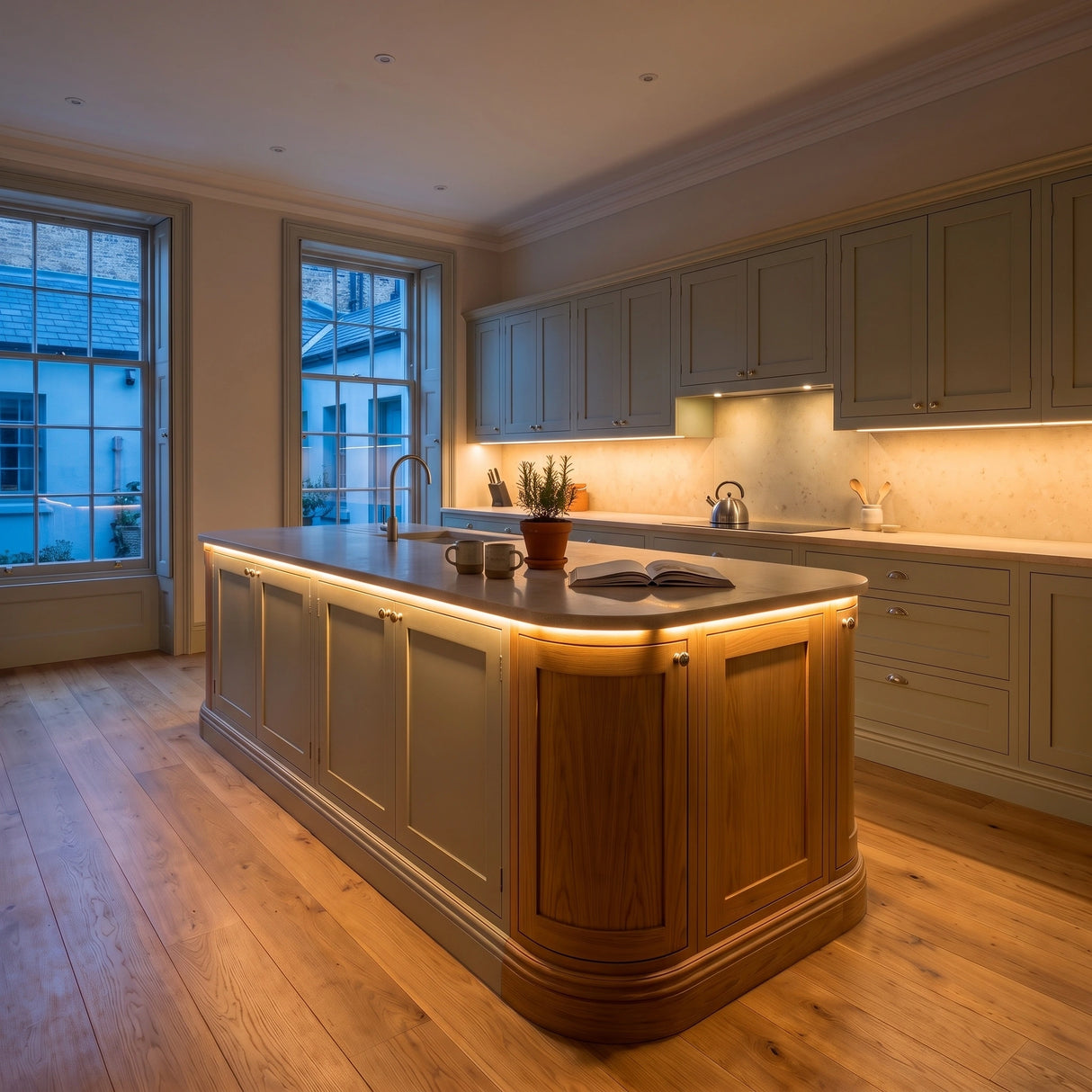 Warm White 2700K 24V 10mm COB LED strip installed beneath cabinets and around a British kitchen island; installation visual.