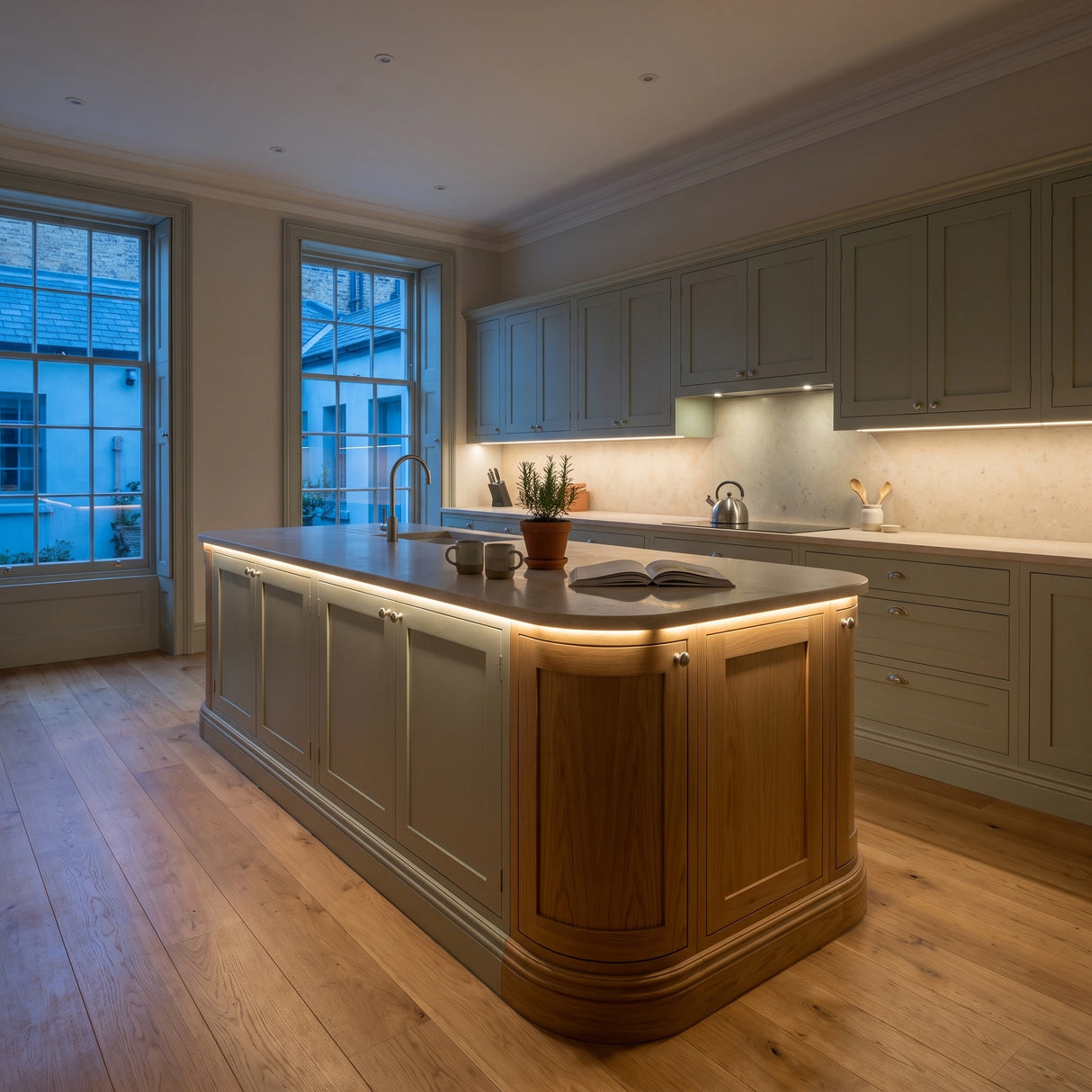 Warm White 3000K 24V 10mm COB LED strip installed beneath cabinets and around a British kitchen island; installation visual.