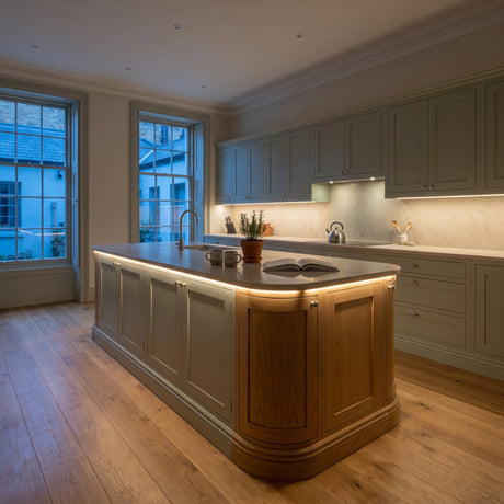 Warm White 3000K 24V 10mm COB LED strip installed beneath cabinets and around a British kitchen island; installation visual.
