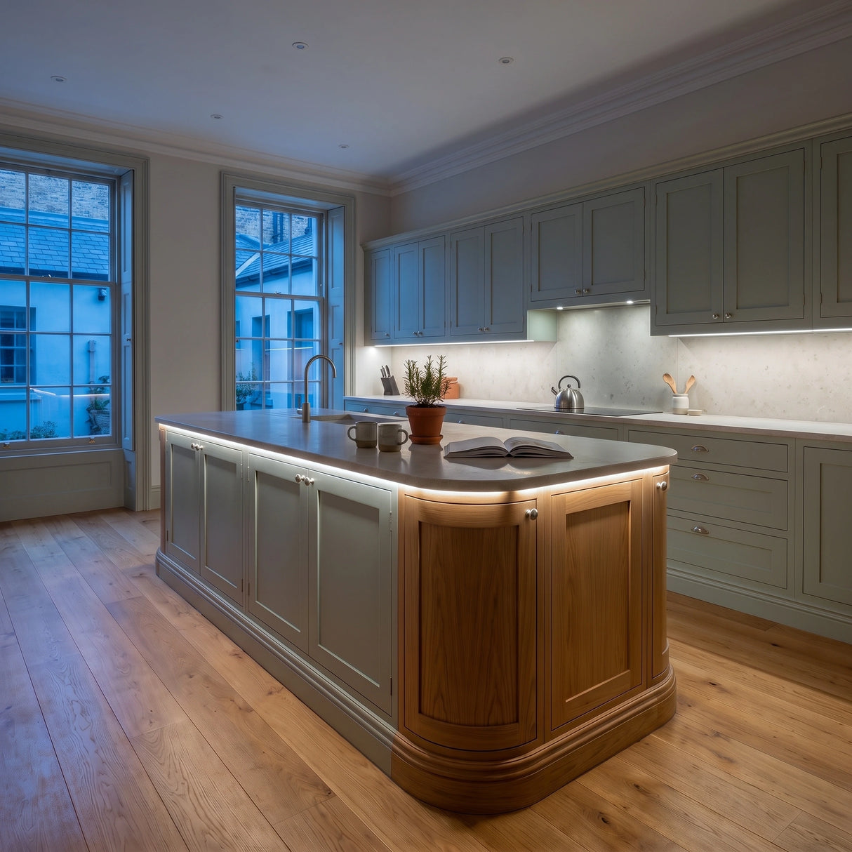 Daylight 5000K 24V 10mm COB LED strip installed beneath cabinets and around a British kitchen island; installation visual.