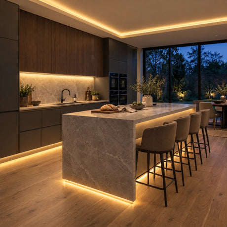 Warm White 2700K free-cut COB LED strip installation visual in a modern British kitchen, with cabinet, coving and island lighting.