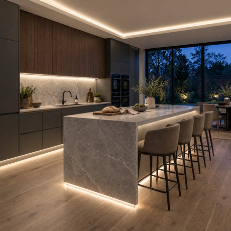 Warm White 3000K free-cut COB LED strip installation visual in a modern British kitchen, with cabinet, coving and island lighting.