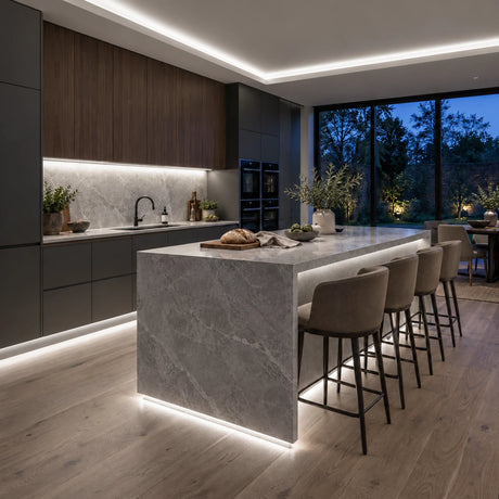 Natural White 4000K free-cut COB LED strip installation visual in a modern British kitchen, with cabinet, coving and island lighting.