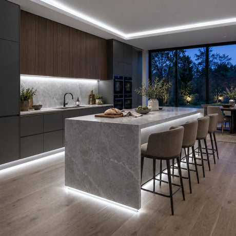 Daylight 5000K free-cut COB LED strip installation visual in a modern British kitchen, with cabinet, coving and island lighting.